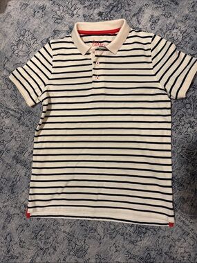 BODEN Kids Striped Polo Shirt - Cream & Navy- 11-12y